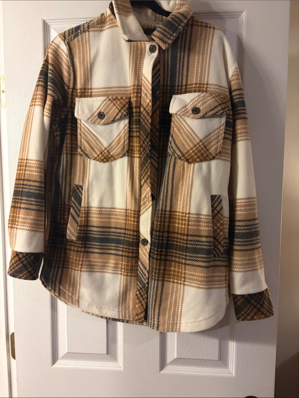 Thread & Supply Cream and Brown Fleece Plaid Utility Shacket